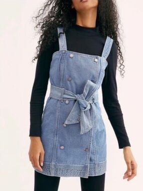 C/MEO Collective Light Blue Denim Pinafore Mini Dress with Tie-Waist